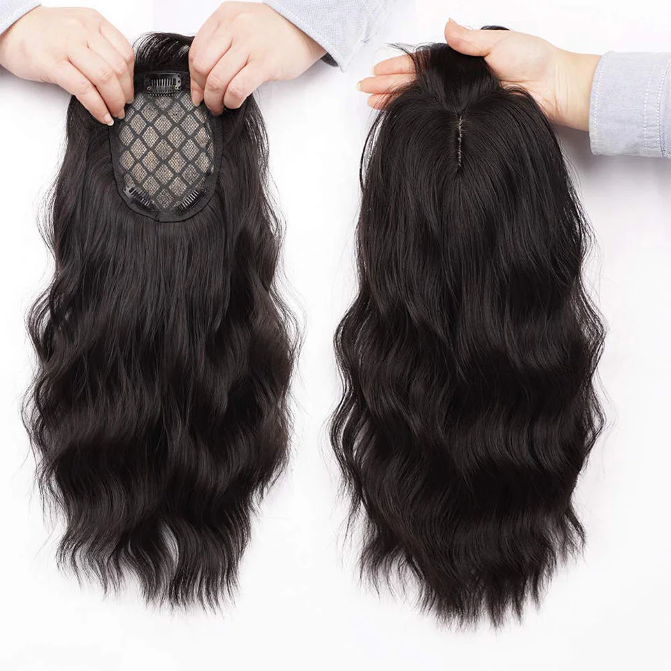Women Clip in Extensions 4X5inch Topper Hairpiece Invisible Replacement Seamless Synthetic Hair Water Ripple Hair with Air Bangs