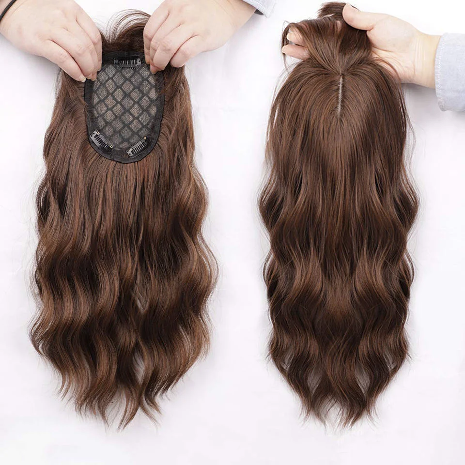 Women Clip in Extensions 4X5inch Topper Hairpiece Invisible Replacement Seamless Synthetic Hair Water Ripple Hair with Air Bangs